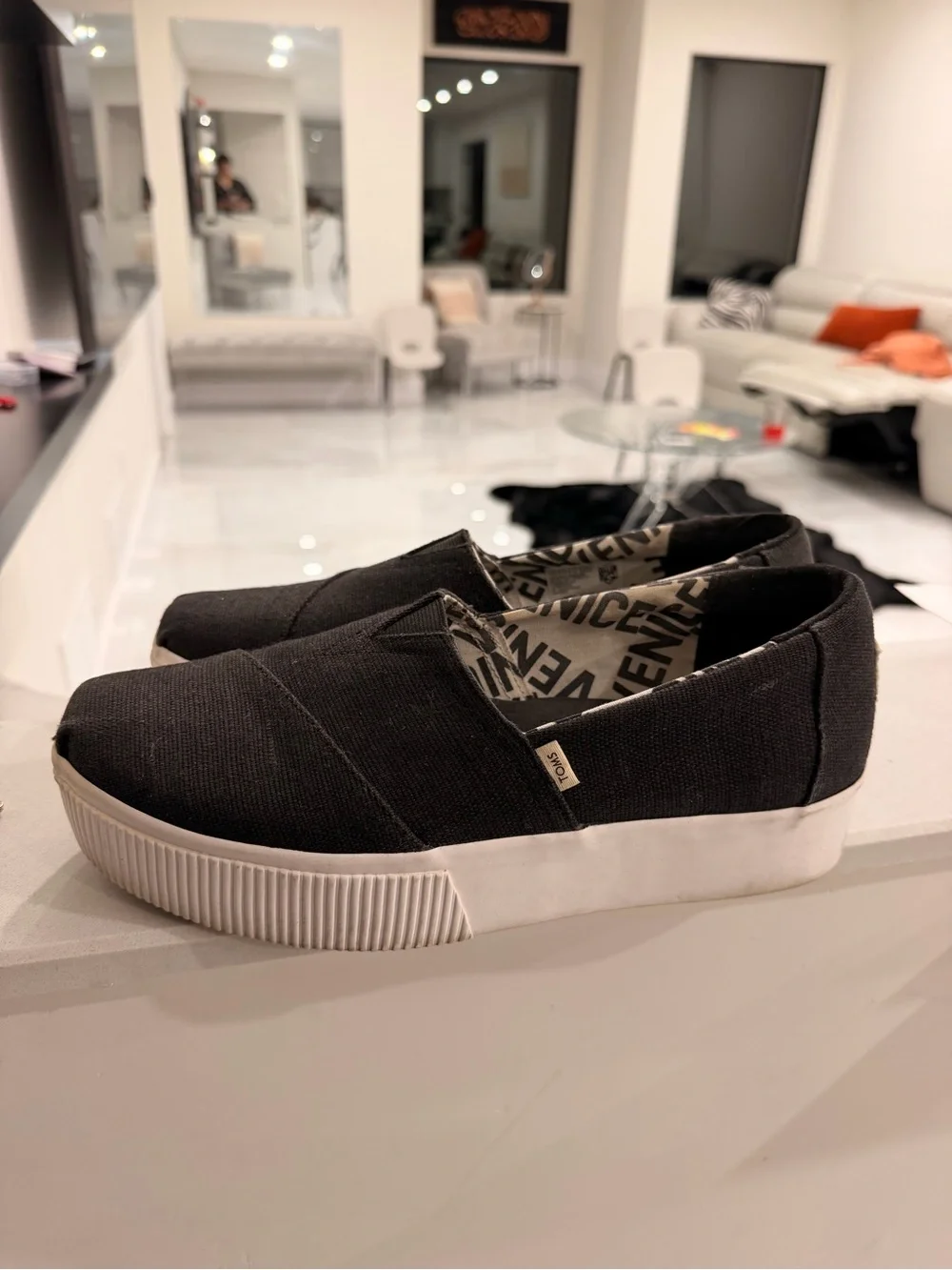 TOMS Alpargata Boardwalk Black Heritage Canvas Platform Slip-Ons - Size 9.5
